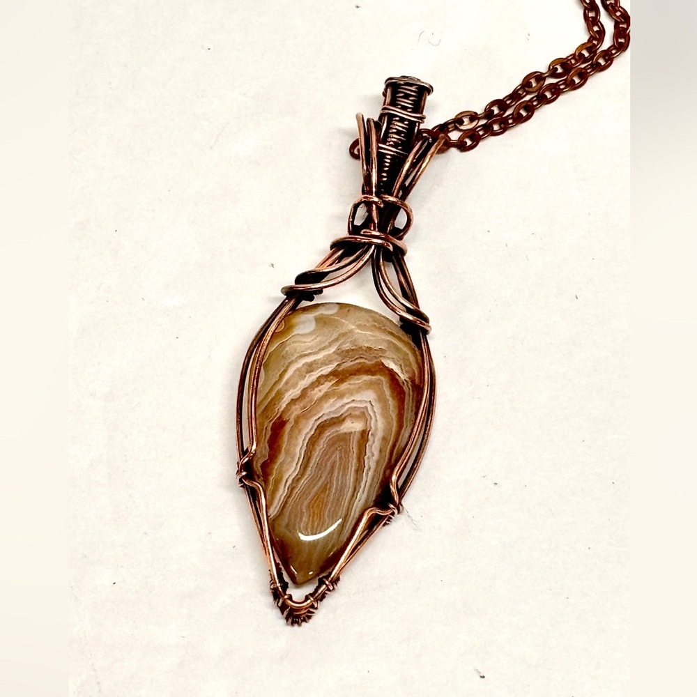 HAND CRAFTED Banded Agate Wire Wrapped Copper Elegant Pendant Necklace, Handmade
